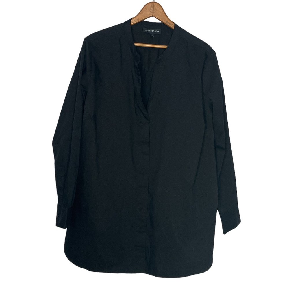 Lane Bryant 18/20 Black Cotton Blend Poplin Mandarin Neckline Top Blouse Plus 1X